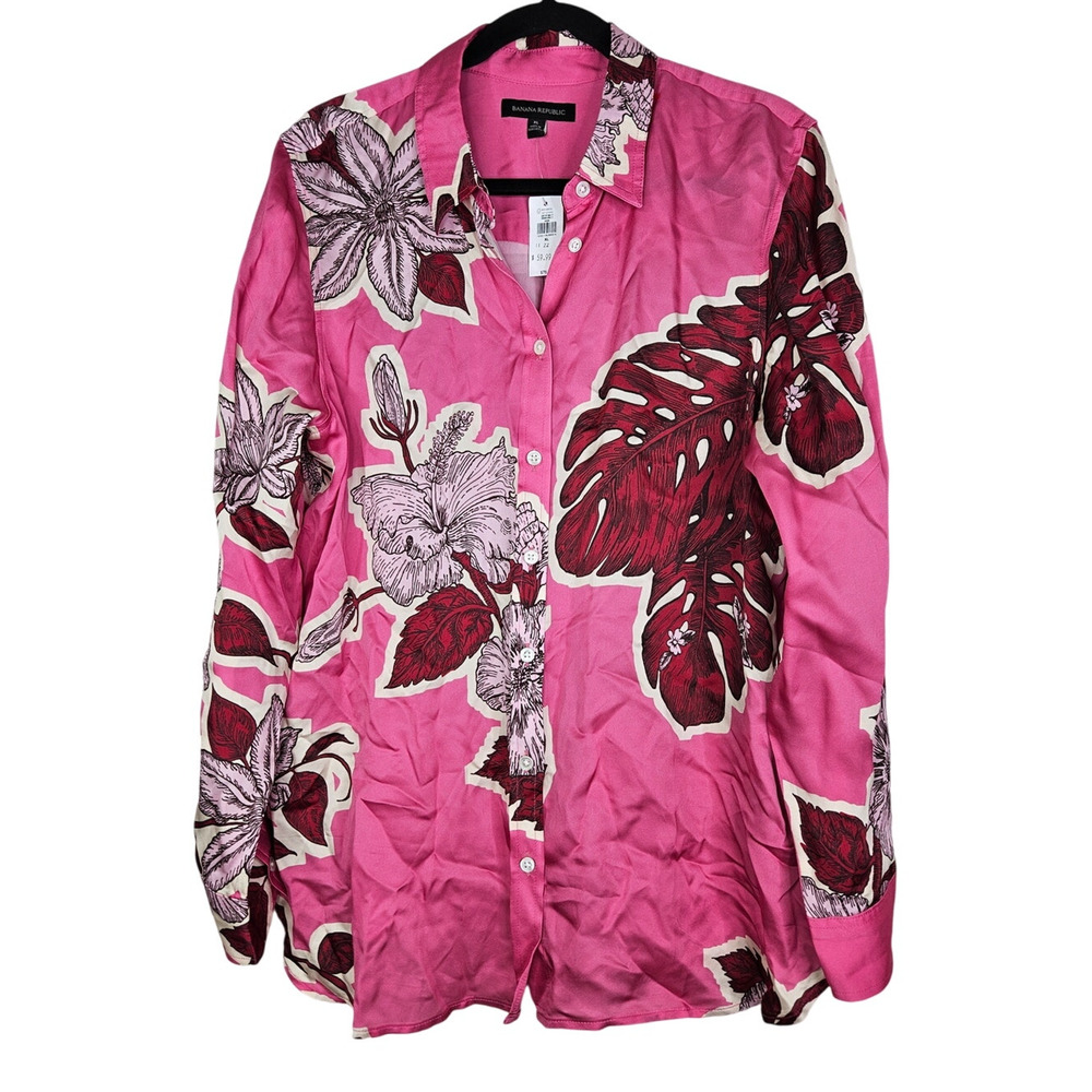 NEW Banana Republic XL Pink Floral Button Up Blouse Top Career Classic Silky
